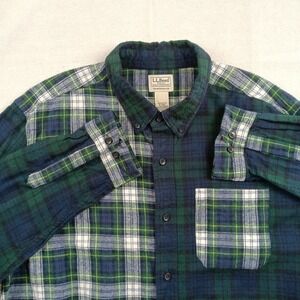LL Bean Mens XL Tall Patchwork Double Plaid Navy Green Flannel Shirt 228066
